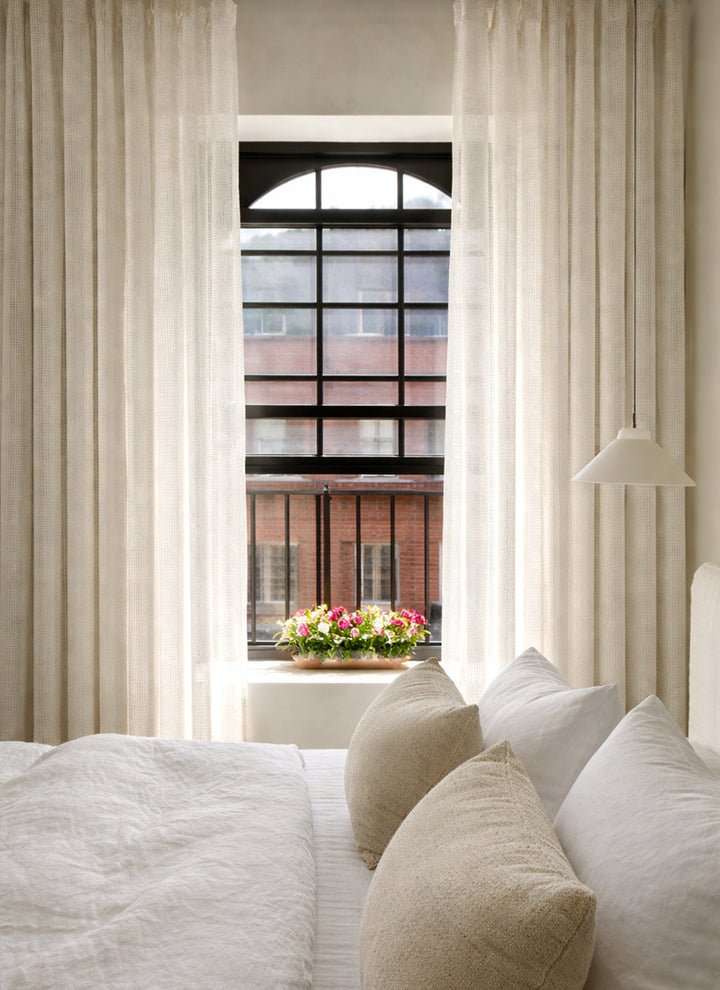 Sheer Curtains with Linen Look Grid Texture