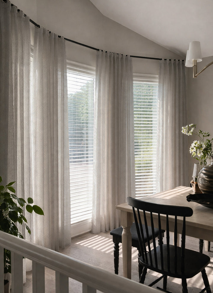 Sheer Curtains with Linen Look Grid Texture