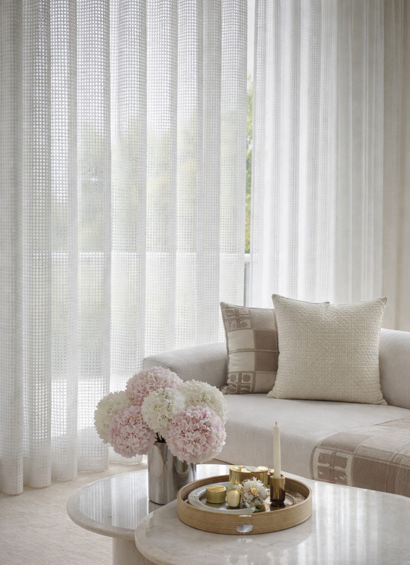 Sheer Curtains with Linen Look Grid Texture