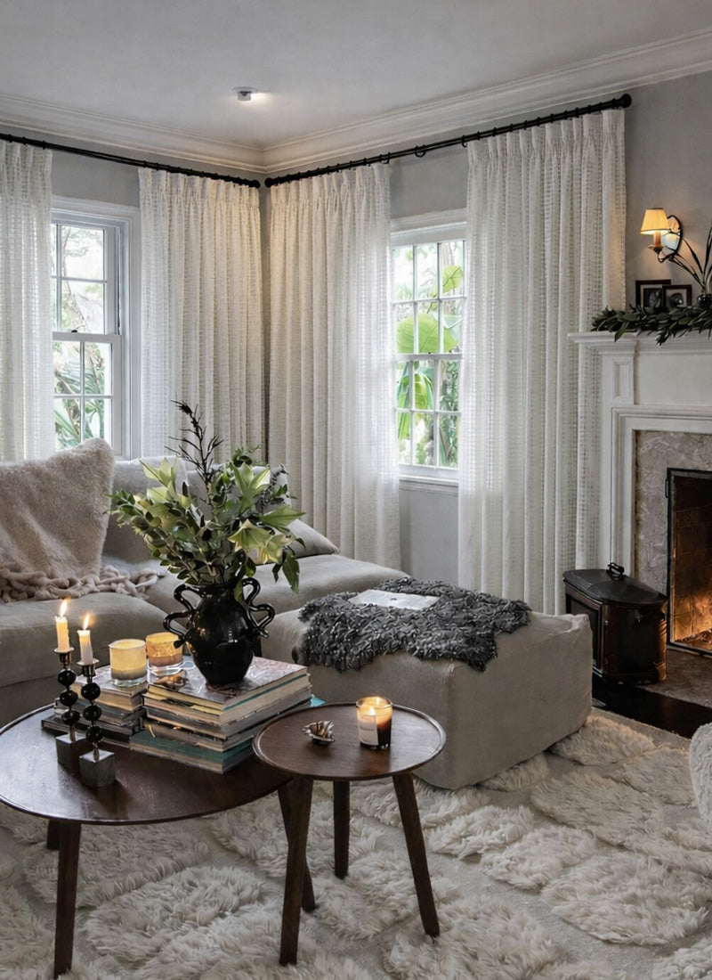 Sheer Curtains with Linen Look Grid Texture