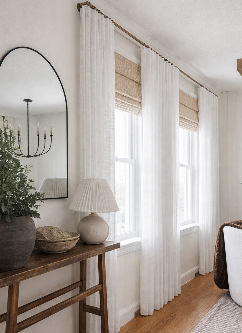 Sheer Curtains with Linen Look Grid Texture