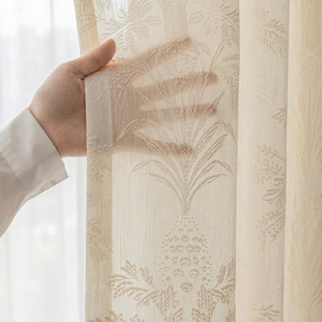 Hugmoom Light Filtering Floral Jacquard Sheers – Close-up of Premium Pineapple Woven Fabric (USA, EU)