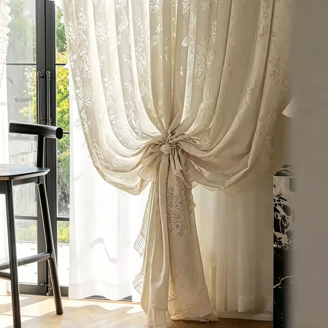 Cream French Sheer Curtains with Rose &amp; Butterfly Jacquard – Elegant Ruffle Drapes for Floor-to-Ceiling Patio Doors (North America, Europe)