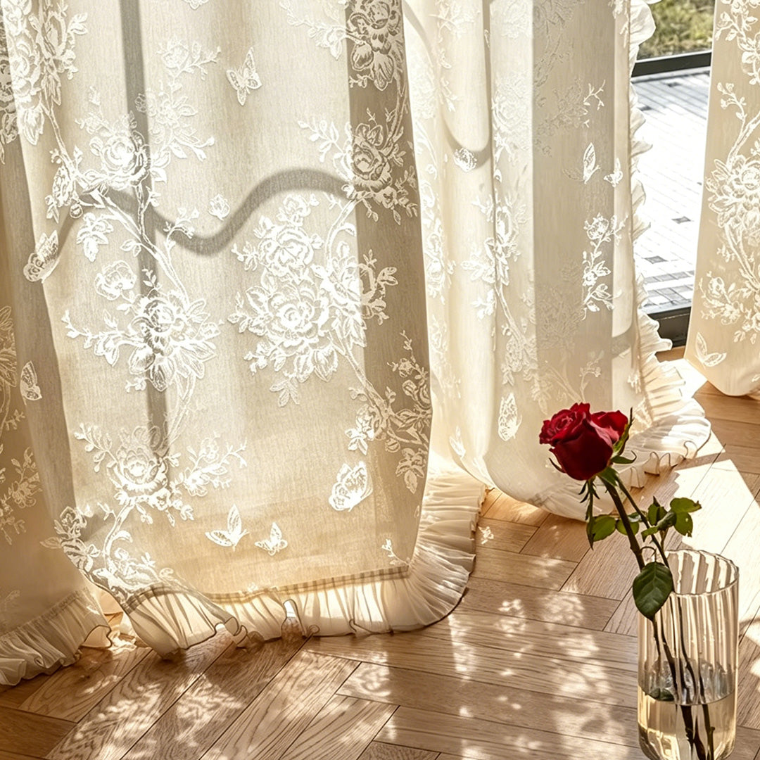 Cream French Sheer Curtains with Rose &amp; Butterfly Jacquard – Romantic Ruffle Drapes for Sunlit Living Spaces (US, UK, EU)