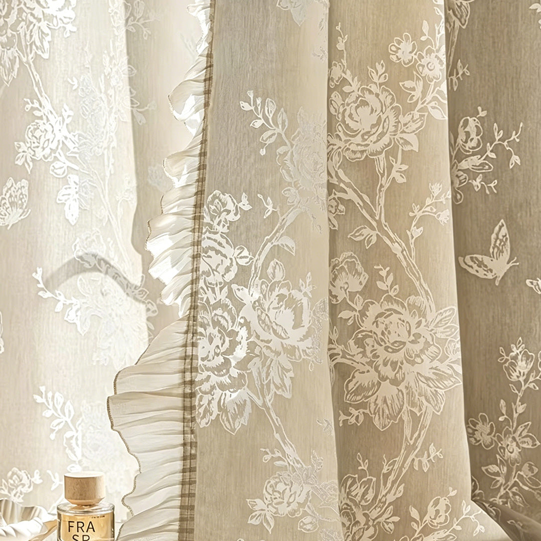 Cream French Sheer Curtains with Rose &amp; Butterfly Jacquard – Close-up of Textured Jacquard Fabric &amp; Ruffle Hem (USA, Canada, EU)