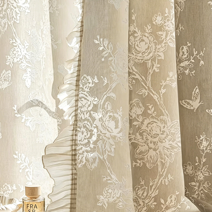 Cream French Sheer Curtains with Rose &amp; Butterfly Jacquard – Close-up of Textured Jacquard Fabric &amp; Ruffle Hem (USA, Canada, EU)