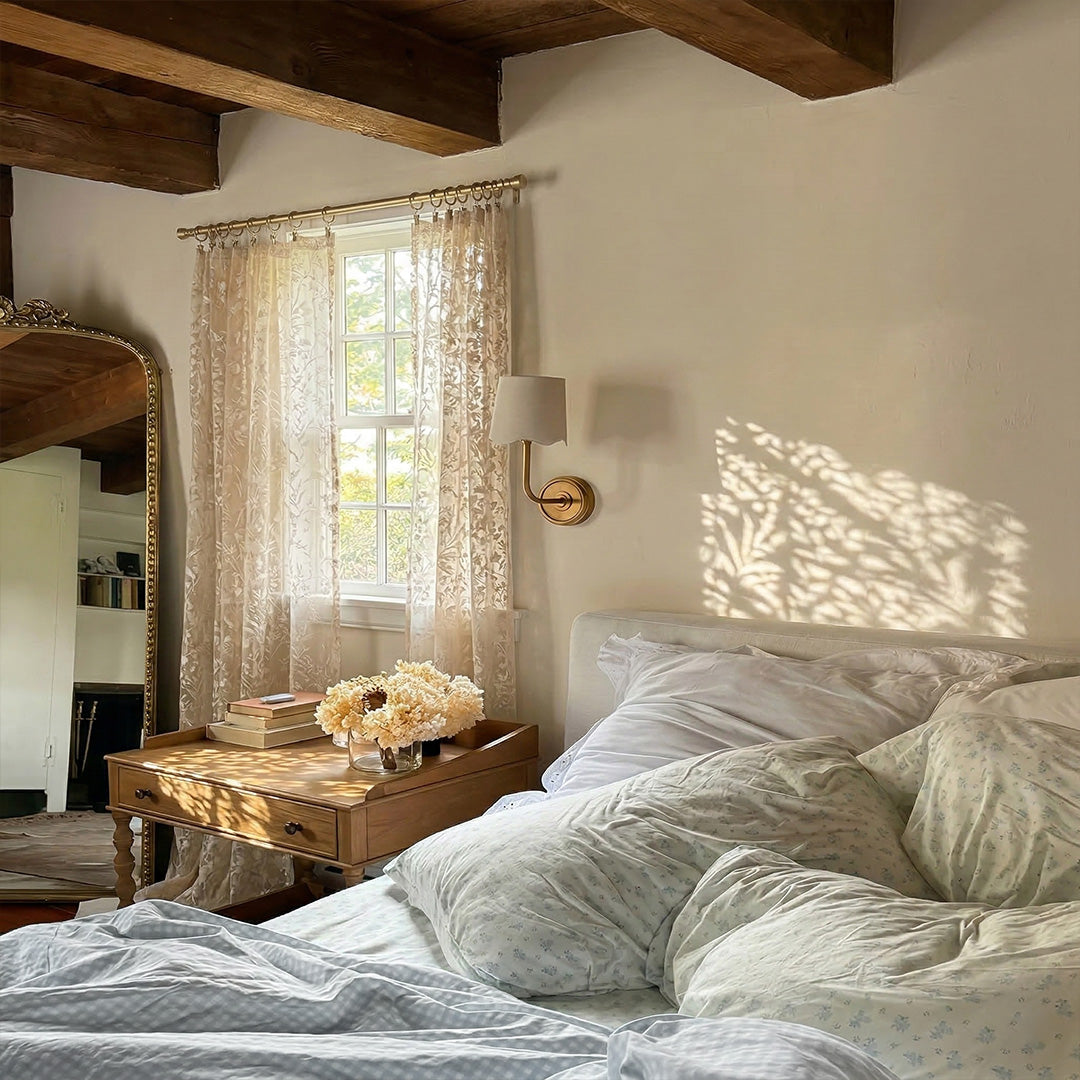 Beige French Romantic Rose Cutout Pattern Gauze Curtain – Sheer Drapes for Cozy Farmhouse Bedrooms (USA, EU)