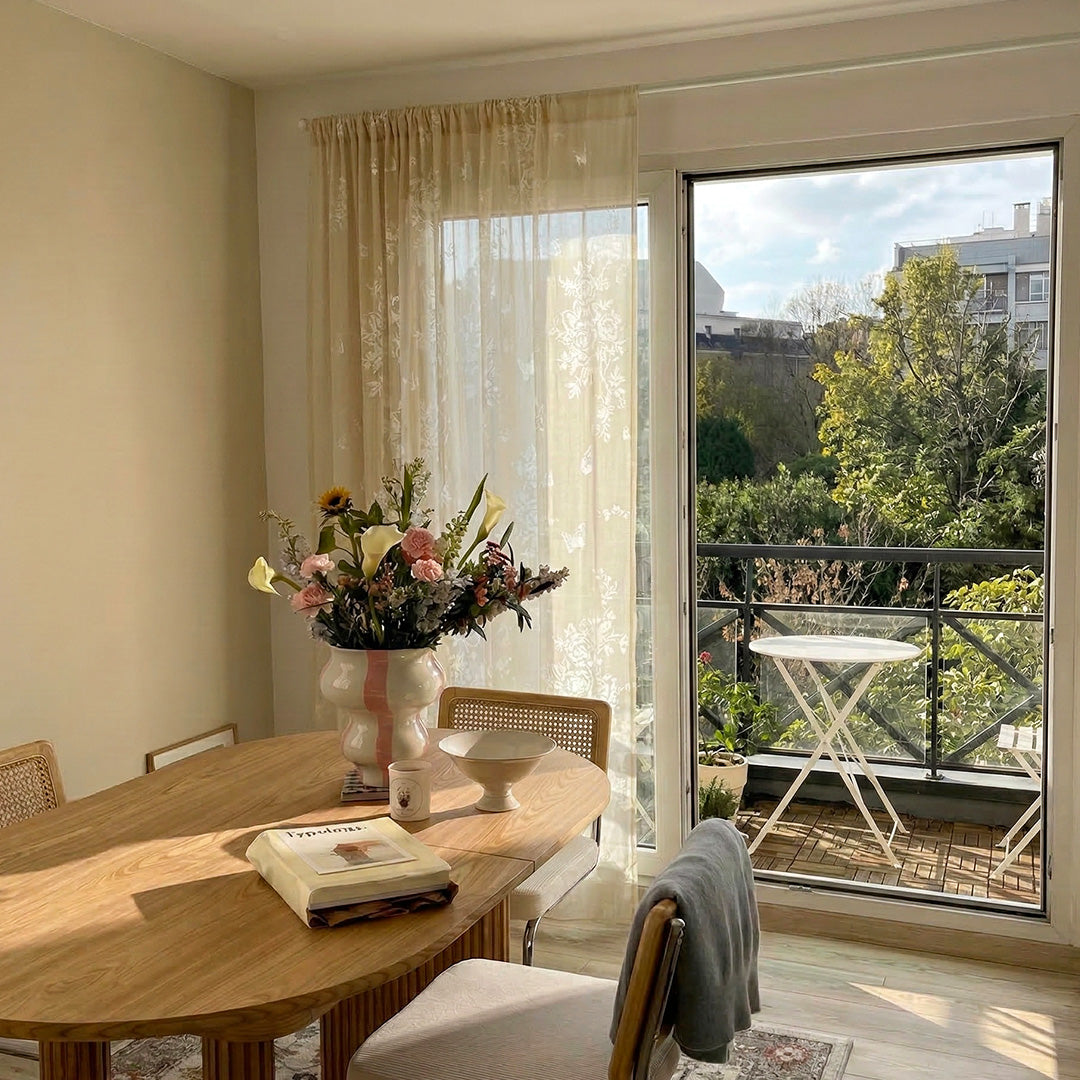 Beige French Romantic Rose Cutout Pattern Gauze Curtain – Airy Sheer Drapes for Bright Dining Spaces (North America, Europe)