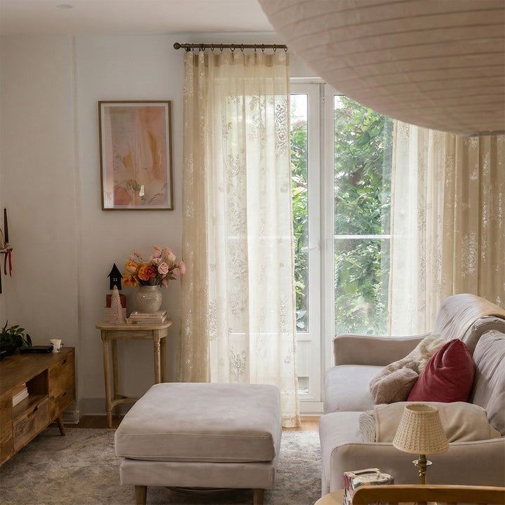Beige French Romantic Rose Cutout Pattern Gauze Curtain – Light Sheer Drapes for Minimalist Living Rooms (US, UK, EU)