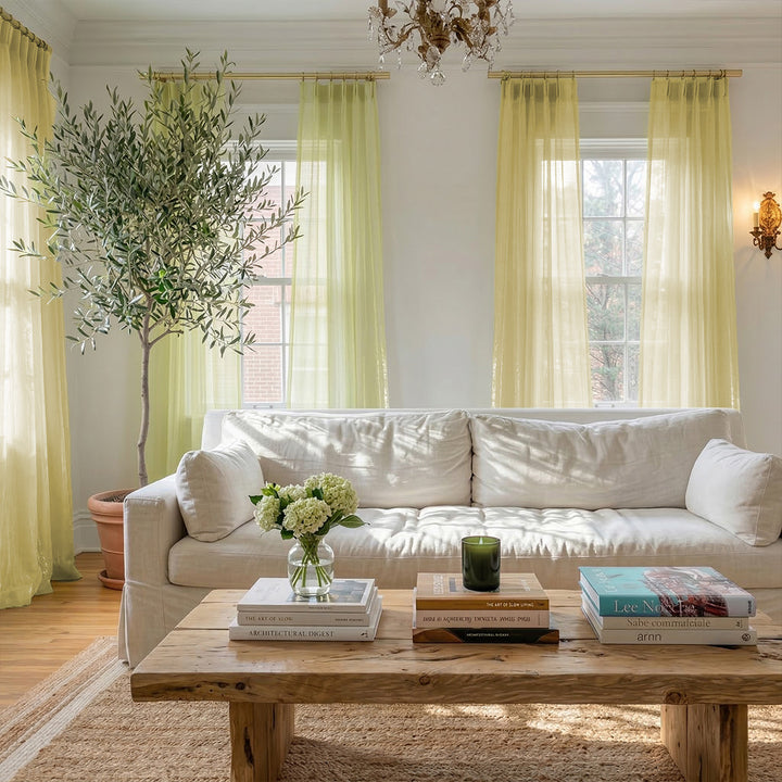 Pale Lime Galaxy Sheer Curtains – Woven with Golden Thread for Airy Farmhouse Living Rooms (North America, Europe)