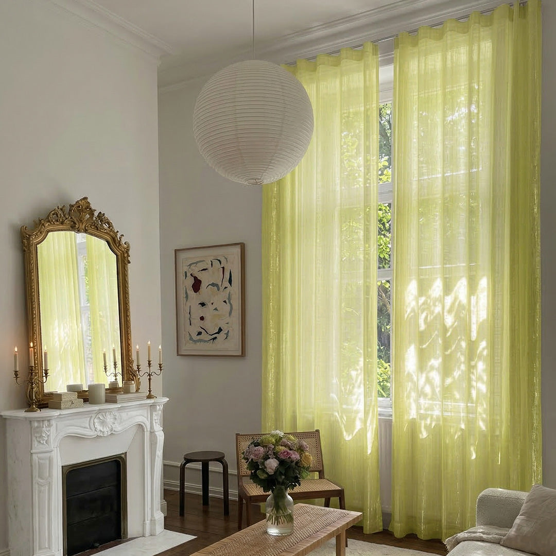 Pale Lime Galaxy Sheer Curtains – Woven with Golden Thread for Elegant French Style Living Rooms (USA, Canada, EU)