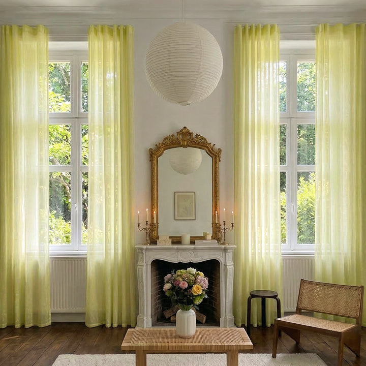 Pale Lime Galaxy Sheer Curtains – Woven with Golden Thread for Symmetrical Traditional Living Rooms (North America, Europe)