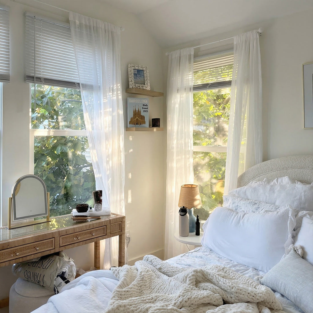 White Galaxy Sheer Curtains – Woven with Golden Thread for Serene Minimalist Bedrooms (North America, Europe)