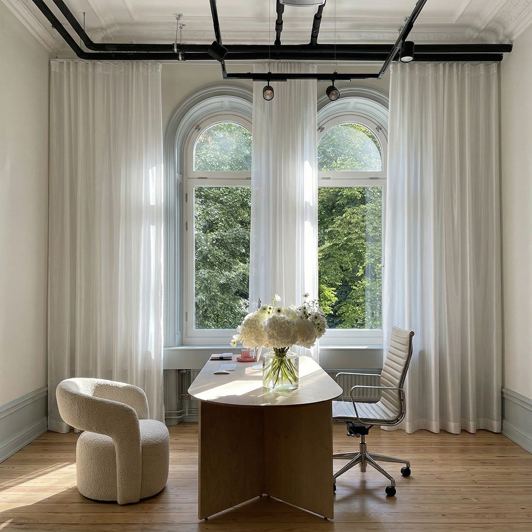 Hugmoom Pure White Semi Sheer Curtains With Flowing Yarn, Luxury Sheer Drapes for Arch Window, Custom Size Light Filtering Curtains for Home Office, Elegant Window Coverings for High-End American Home