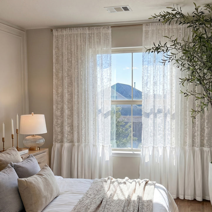 Double Layer Floral Curtains with Ruffled Hem Jacquard Sheer Drapes for Cottage Decor