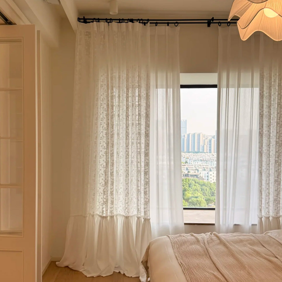 Hugmoom Double Layer Floral Curtains with Ruffled Hem – Jacquard Sheer Cottage Drapes for High-Rise Urban Minimalist Bedrooms (USA, Canada, EU)