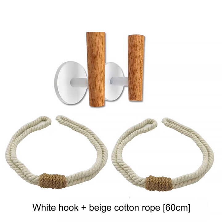 Nordic Breeze Wall-Mounted Curtain Tie-Back System - No-Drill Cotton Rope & Sheer Organza Hook Holder with Decorative Knotting Accents(Two)