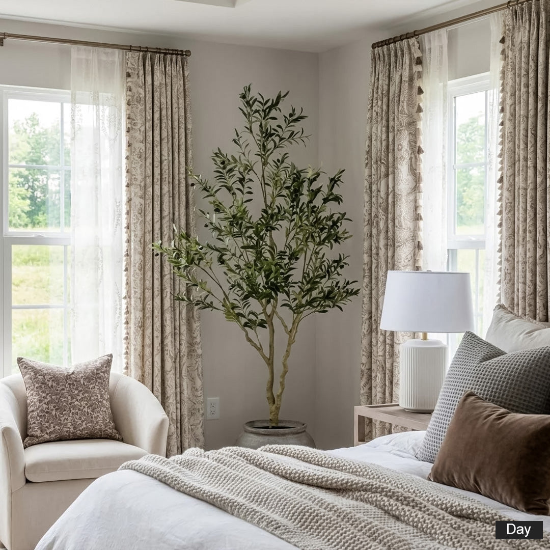 Hugmoom Vintage Floral Blackout Curtains, Tassel Trim Pleated Drapes, Daytime Open View with Sheer Layer in Cozy Neutral Bedroom