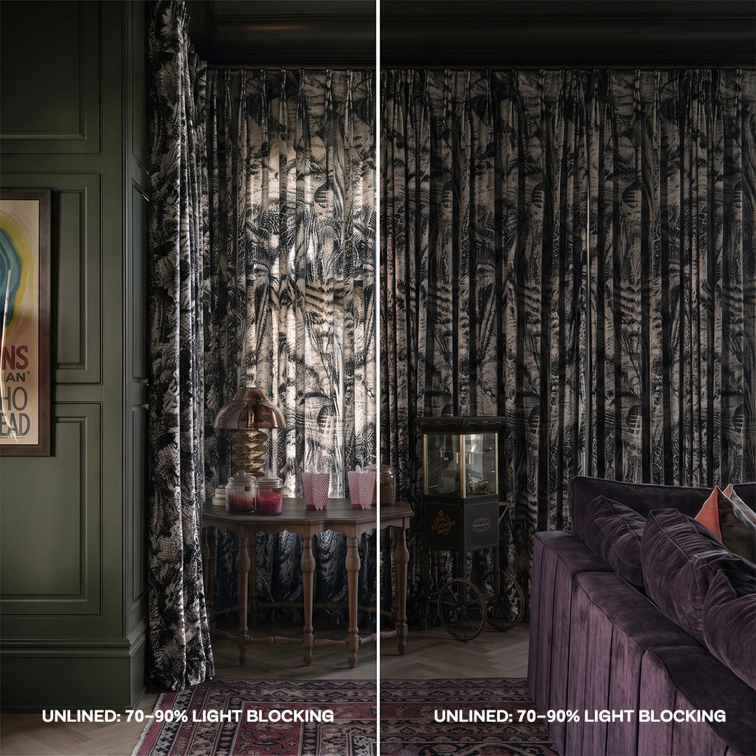 hugmoom hugmoom Printed Curtain Custom Pleated Drapes, unlined 70-90% light blocking comparison shot, plush botanical curtains daylight test in moody living room