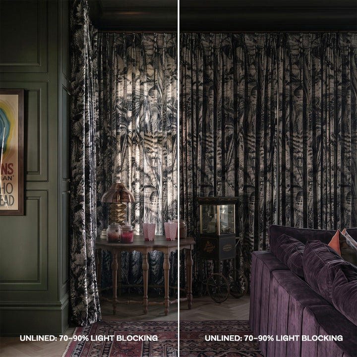 hugmoom hugmoom Printed Curtain Custom Pleated Drapes, unlined 70-90% light blocking comparison shot, plush botanical curtains daylight test in moody living room
