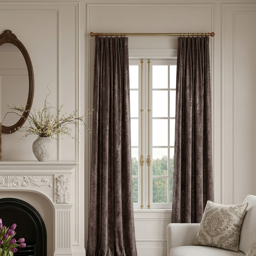 Brown Luxury Shimmering Gold Velvet Curtains – Timeless Drapes for Classic Living Room Windows (USA, Canada, EU)