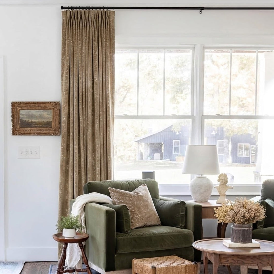 Champagne Gold Luxury Shimmering Velvet Curtains – Cozy Drapes for Farmhouse Style Living Rooms (US, UK, EU)