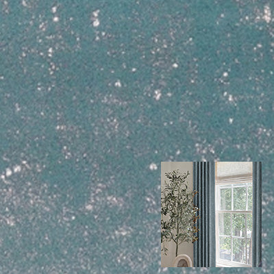 Blue velvet curtain fabric detail with subtle texture, window and draped curtains in corner