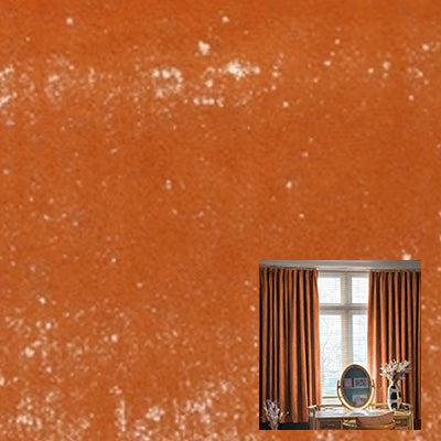 Brown velvet curtain fabric texture with inset of floor-to-ceiling curtains in a cozy room