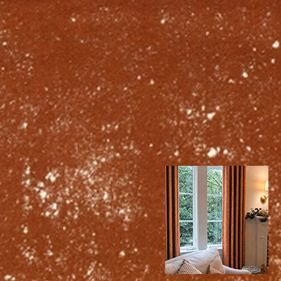 Brown velvet curtain fabric texture with an inset showing curtains in a cozy living room.