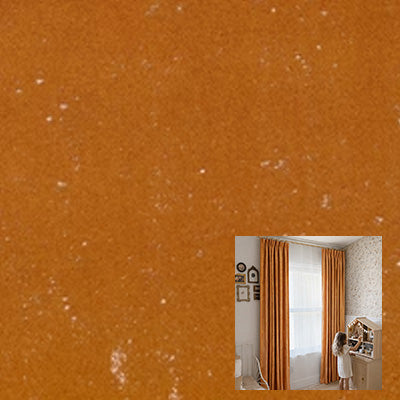 Brown velvet curtain fabric close-up with inset of gold blackout curtains in a cozy bedroom.