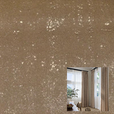 Brown velvet curtain fabric sample with inset of floor-length brown curtains in a living room.