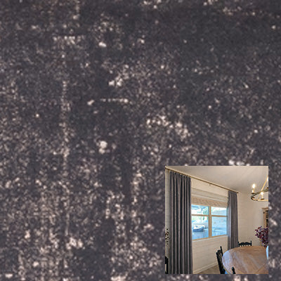 Gray velvet curtain fabric detail with inset of gray curtains in a modern dining room.