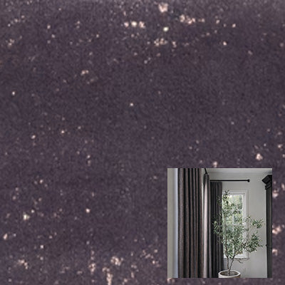 Gray velvet curtain fabric texture with soft sheen, inset shows draped blackout curtains on window.