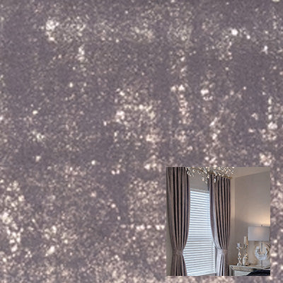 Gray velvet curtain fabric sample with inset of elegant gray blackout curtains hanging in a modern room