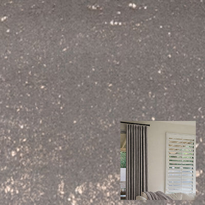 Gray velvet curtain fabric texture with a cozy living room curtain installation preview
