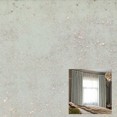 Gray velvet curtain fabric sample with a bedroom inset showing gray blackout curtains on a large window.