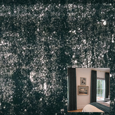 Green velvet curtain fabric close-up with bedroom window setup in the corner inset