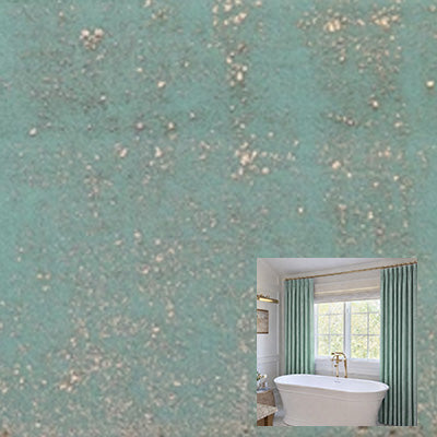 Green velvet curtain fabric sample with metallic flecks, shown in a bathroom setting
