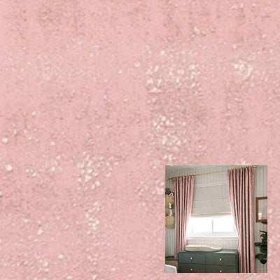 Soft pink velvet curtain fabric sample with inset of matching curtains on a window