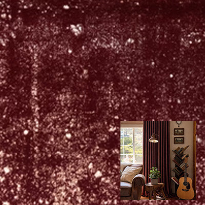 Red velvet curtain fabric with shimmering texture, cozy room setup in corner inset