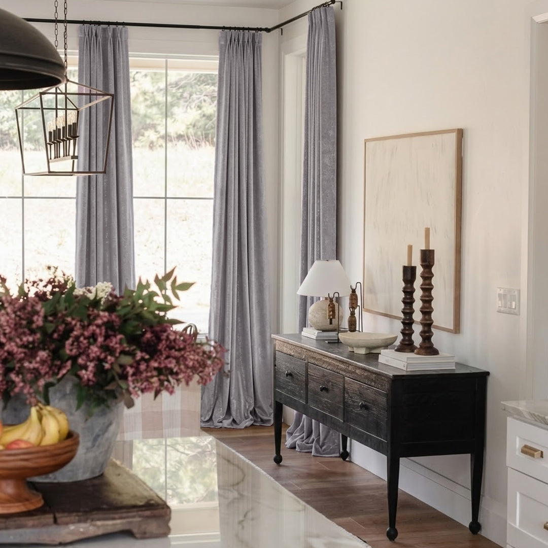 Dusty Gray Luxury Shimmering Gold Velvet Curtains – Modern Drapes for Entryway & Foyer Decor (USA, EU)