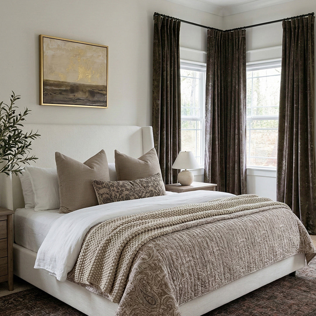 Espresso Brown Luxury Shimmering Gold Velvet Curtains – Plush Drapes for Serene Master Bedrooms (North America, Europe)