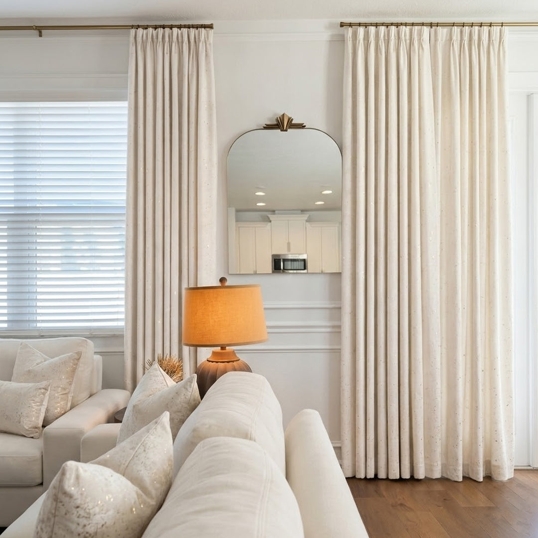 Ivory White Luxury Shimmering Gold Velvet Curtains – Neutral Drapes for Modern Farmhouse Living Rooms (USA, Canada, EU)